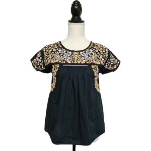 Madewell Black Floral Embroidered Top Size XXS Dark‎ Cottagecore